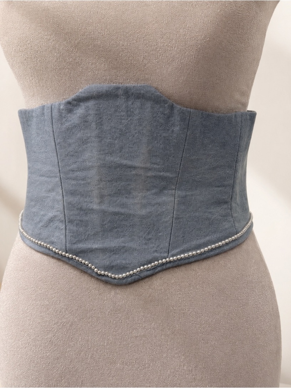 Blue Pearl-Trim Corset Waist Belt